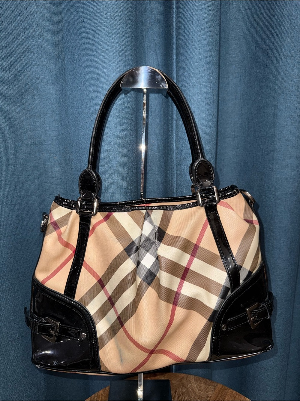Burberry Beige Plaid Satchel with Black Patent Trim